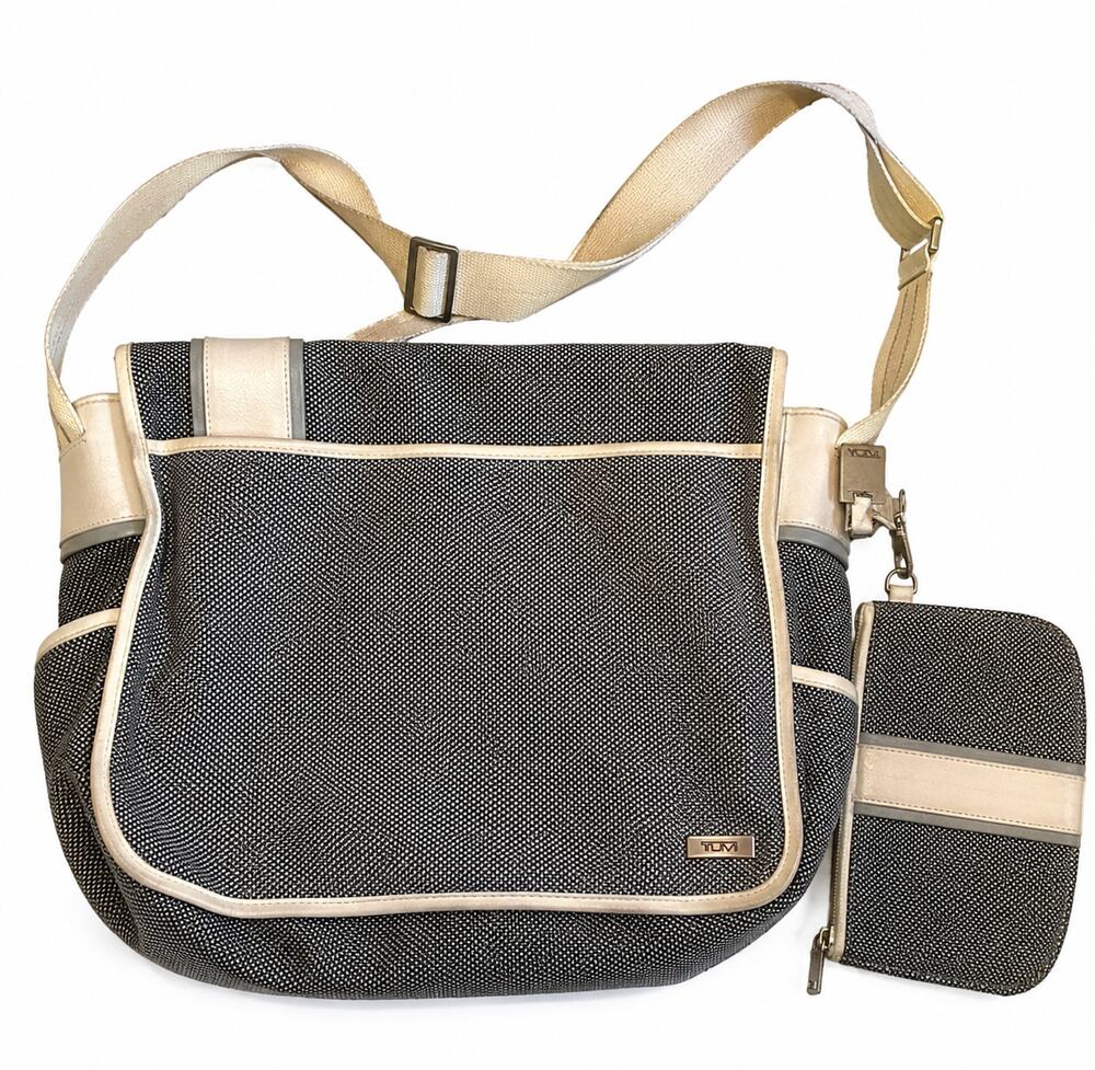 TUMI Elements Messenger Bag Gray White Ballistic Nylon Leather Crossbody